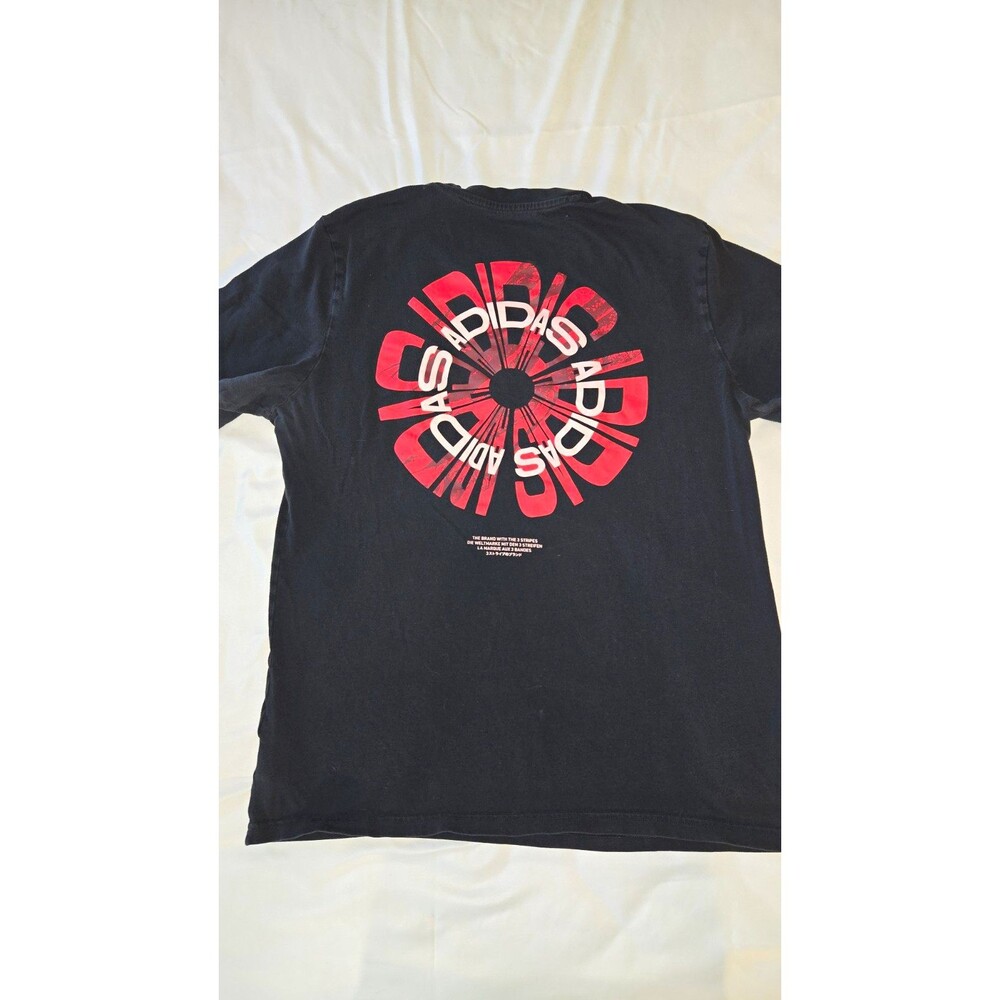 Adidas Men's M Medium  Black Cotton Knit Graphic Print Tee Red Logo Crew Neck